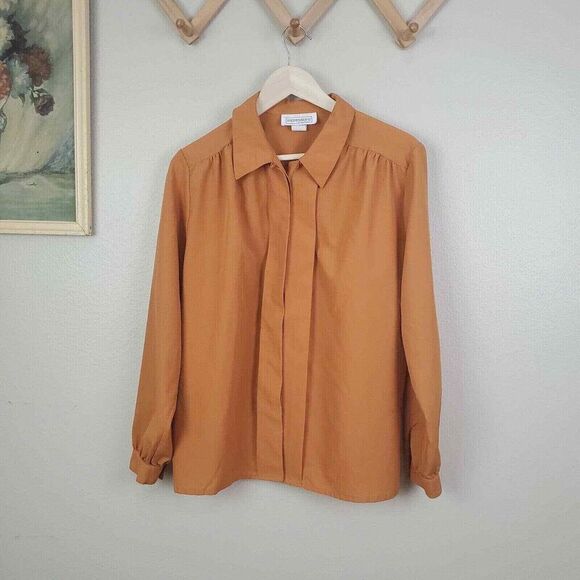 70s womens burnt orange pleat‎ front top career button up blouse L - Picture 1 of 9